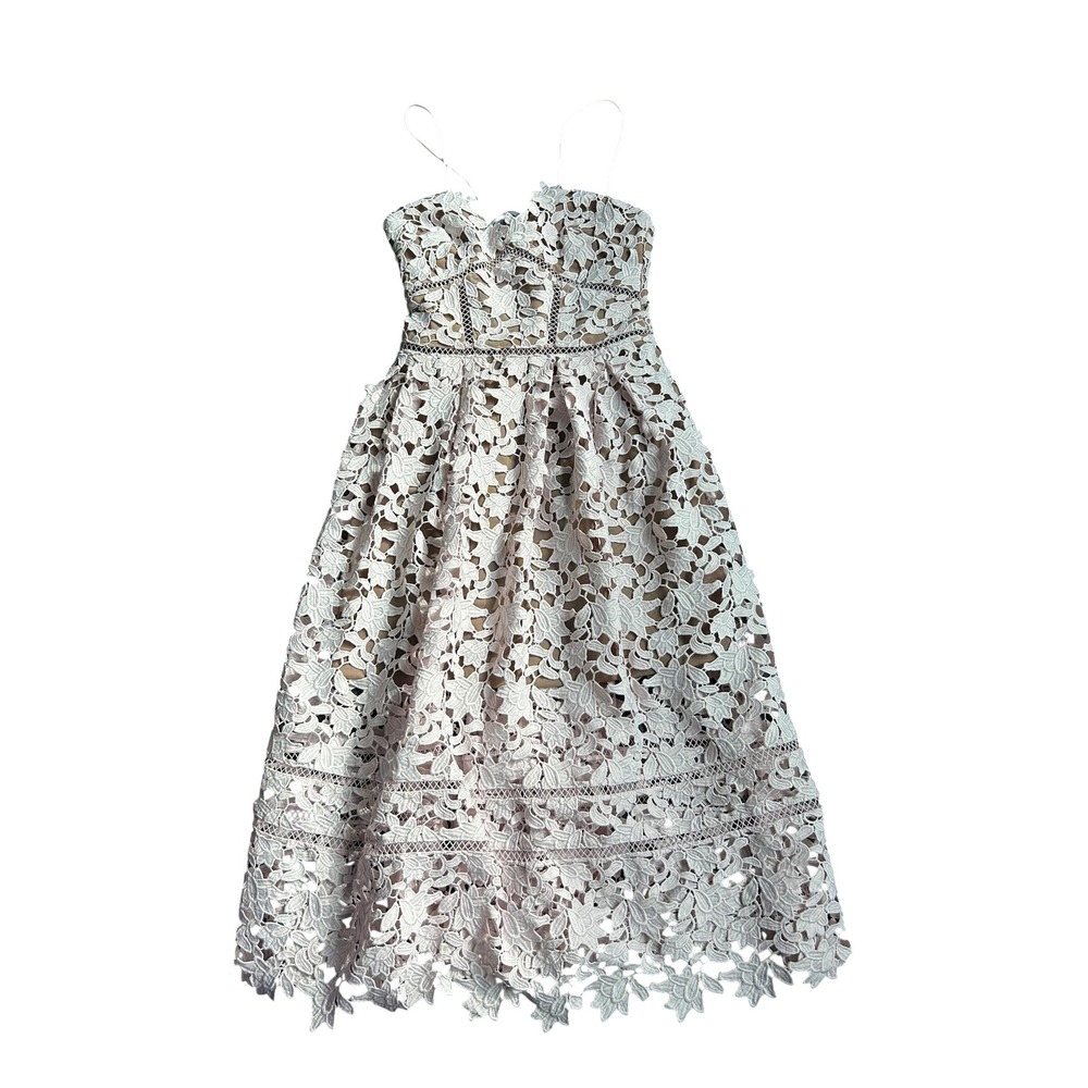 Self-portrait Azalea Floral Guipure Lace Midi Dress Lilac Nude Lining US 0 UK 4 - Picture 2 of 7